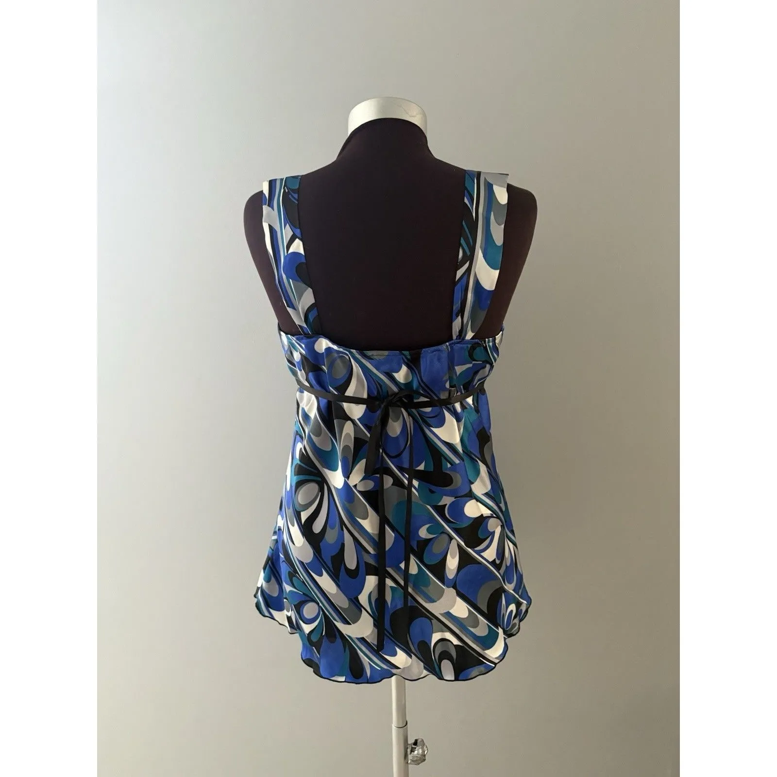 Vintage B Wear Y2K Satin Cami Babydoll Tank Top Fairy L Blue Black Swirl Empire Size L - Image 3