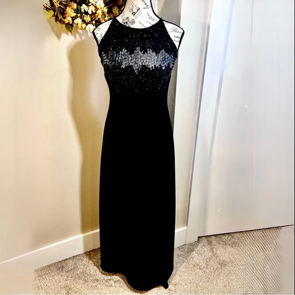 Vintage Cachet Black Beaded Gown w/ Removable Scarf Formal Evening Dress~4💛 - Image 3