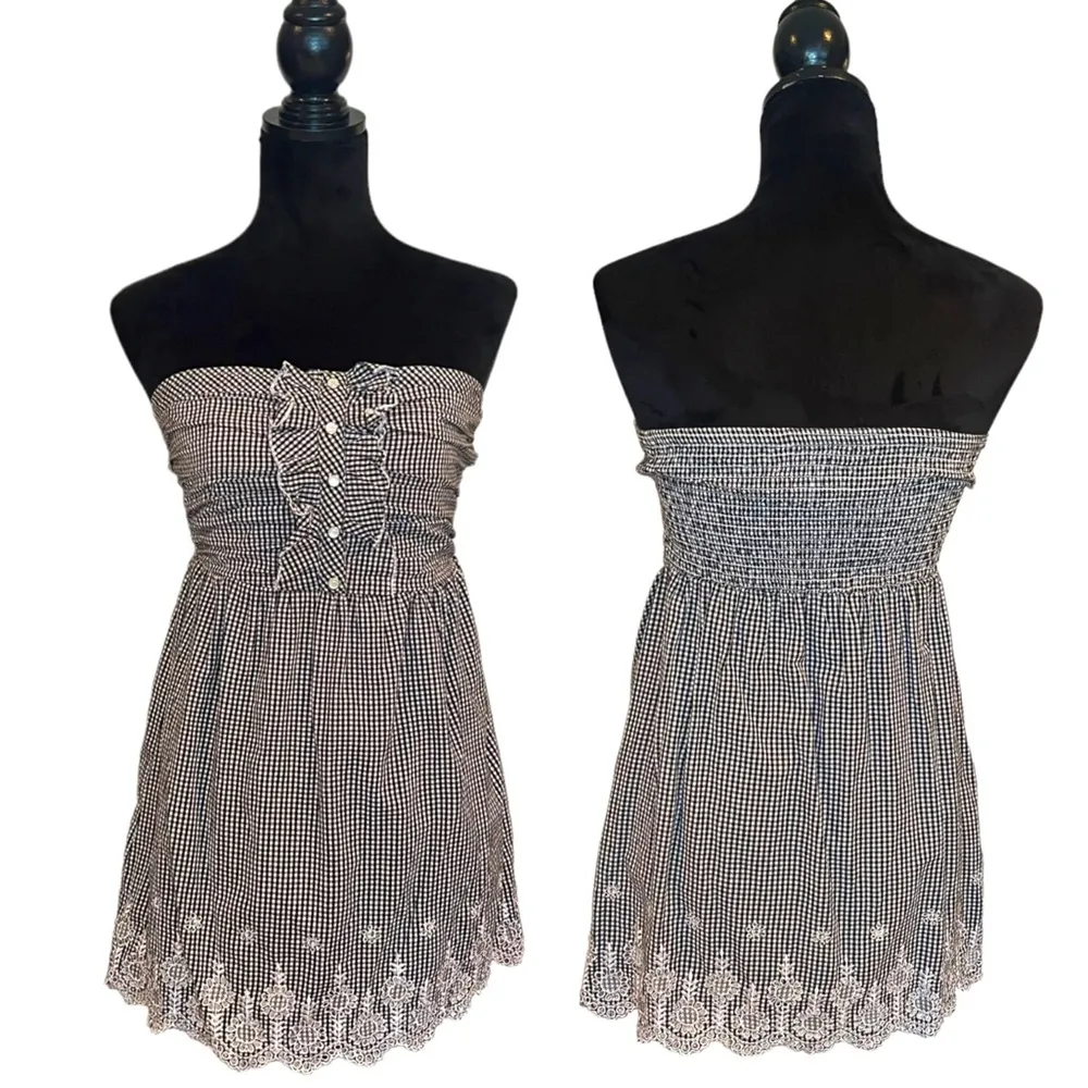 PANHANDLE SLIM PULL ON GINGHAM SMOCKED RUFFEL SNAP FRONT MINI SLEEVELESS… Black - Image 5