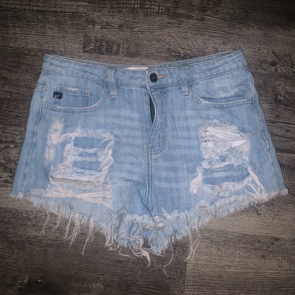 KanCan Distressed Light Blue Jean Shorts Womens Medium Cutoffs Mid - Image 3
