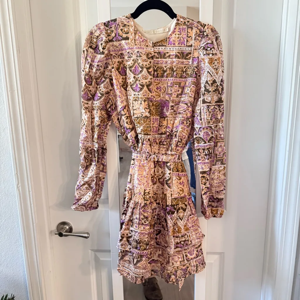 Marie Oliver Paisley Print Linen Blend Mini Dress | Long Sleeve | Size Small - Image 2