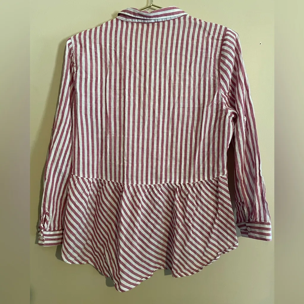 Love Notes Red White‎ Stripe Peplum Button Up Top Size L - Image 7
