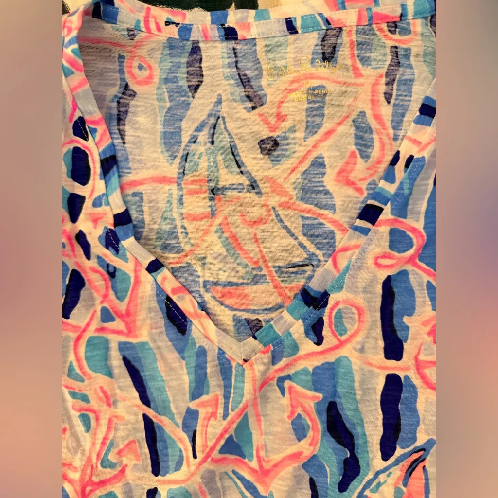 Lilly Pulitzer Etta V-Neck Top Short Sleeve Skim Blue Reel Nauti Anchor Tee NWOT - Image 3