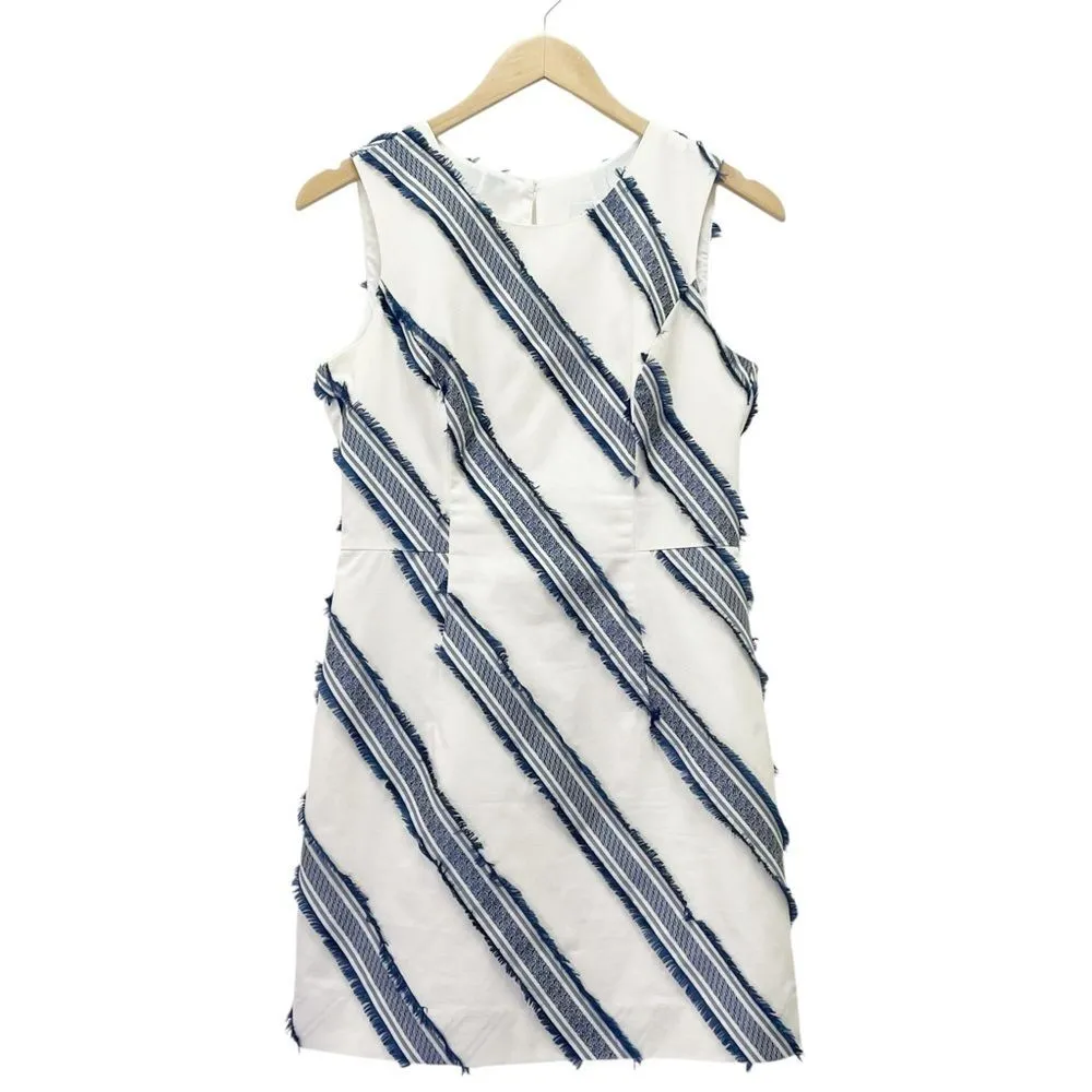 Milly Kendra Diagonal Stripe Sheath Dress White & Navy Fringed Women’s Size 4 - Image 3
