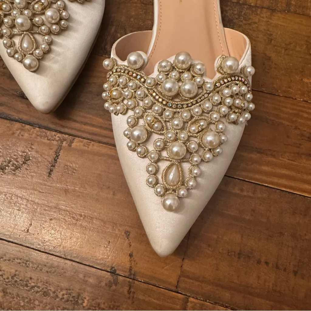 LULUS Flora Ivory Satin Pearl Embroidered Pointed-Toe Flats - Image 3