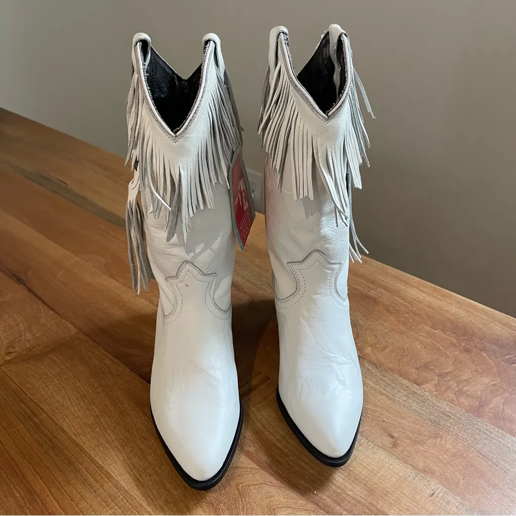 Deadstock NWT Vintage Acme White Leather Fringe Cowboy Boots Mid Calf Size 6.5 - Image 2