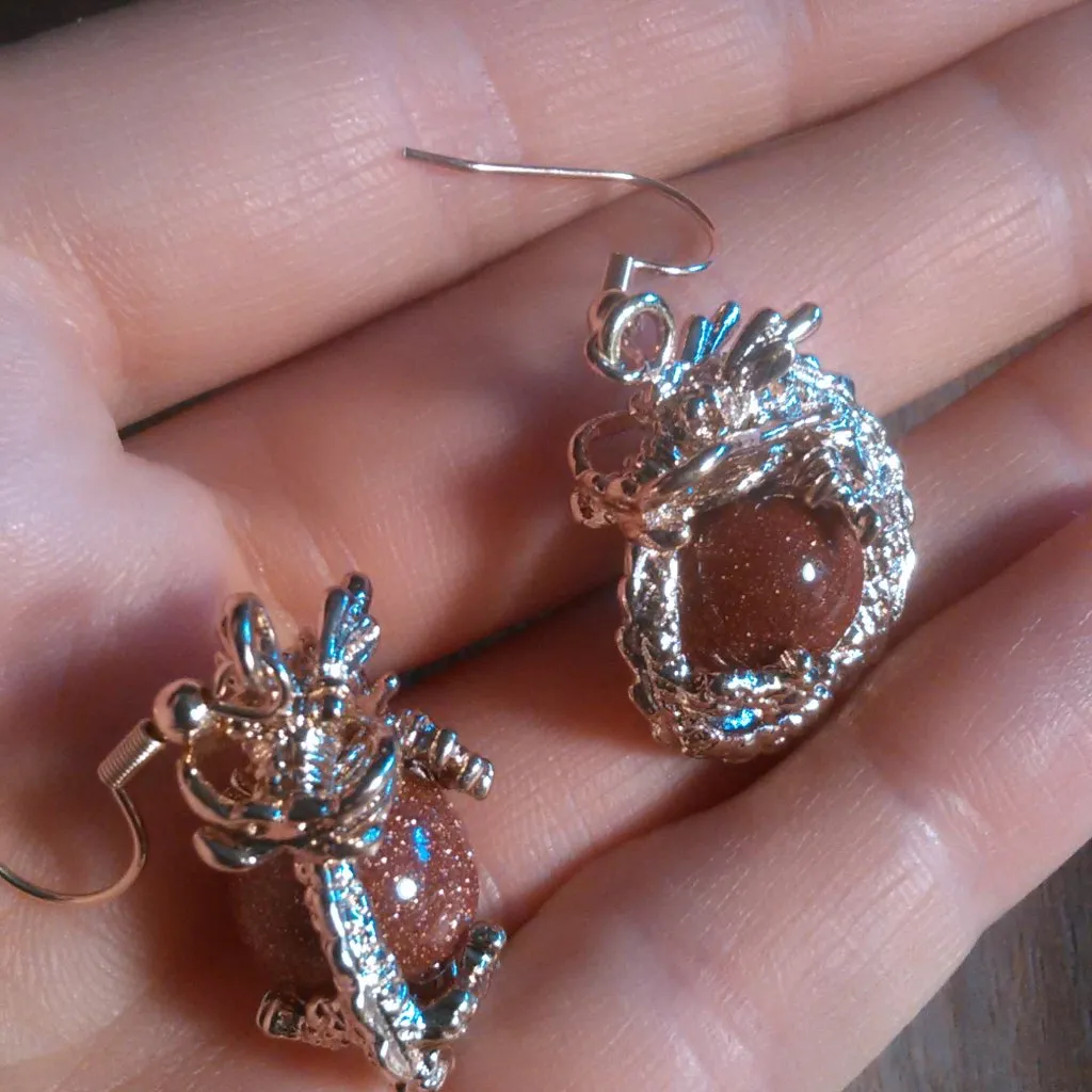 Gold Sandstone and Brown Austrian Crystal Dragon Dangle Earrings - Image 7