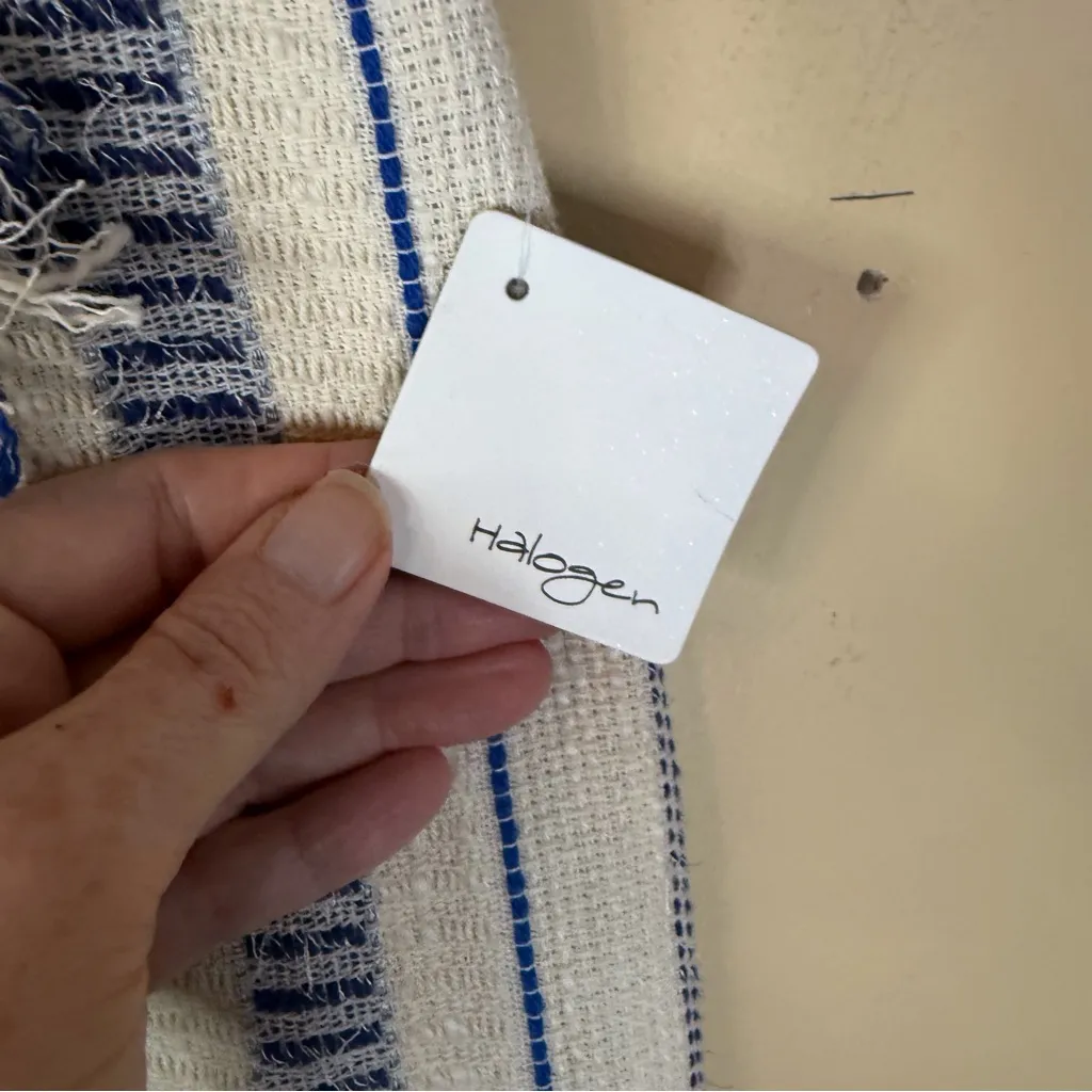 NWT Halogen Women Faux Wrap Skirt 4 Blue‎ Ivory Textured Striped Fringe Office - Image 4