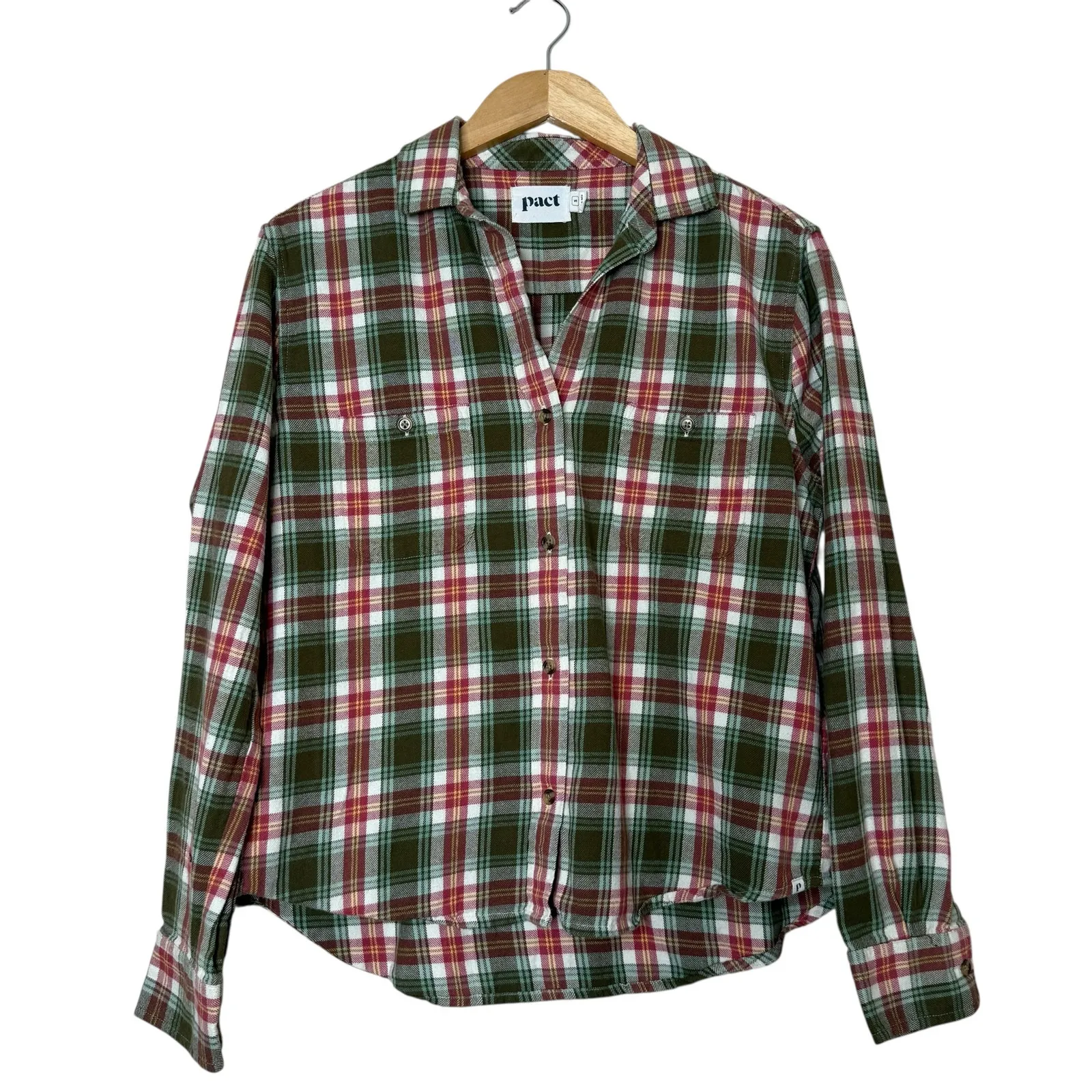 pact Red Green Plaid Flannel Shirt Button Down Organic Cotton Grunge Fall Cabin - Image 2