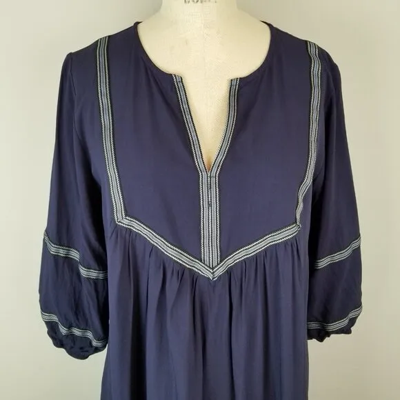 NWT Vaugu Navy Blue Embroidered Boho Blouson Dress Balloon Sleeves Size Small - Image 3