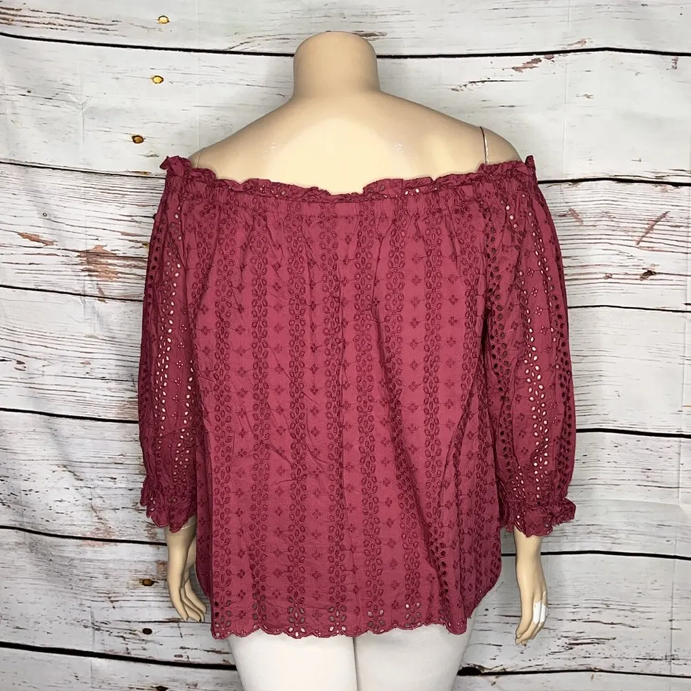 Lane Bryant Sz 18/20 Pink Eyelet Embroidered Off the Shoulder Peasant Shirt Top - Image 3