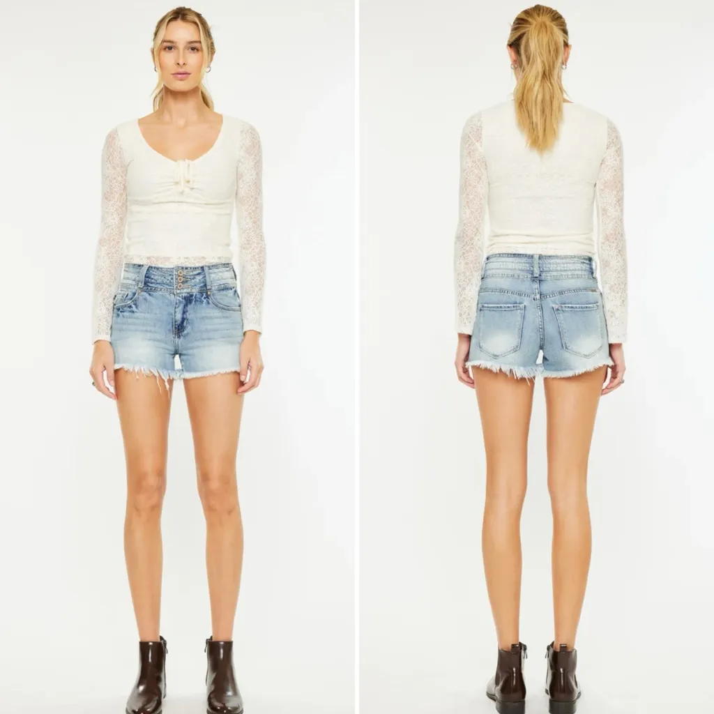 KanCan Tilly High Waist Triple Waistband Denim Shorts in Medium Wash Size 9 / 28 Blue - Image 10