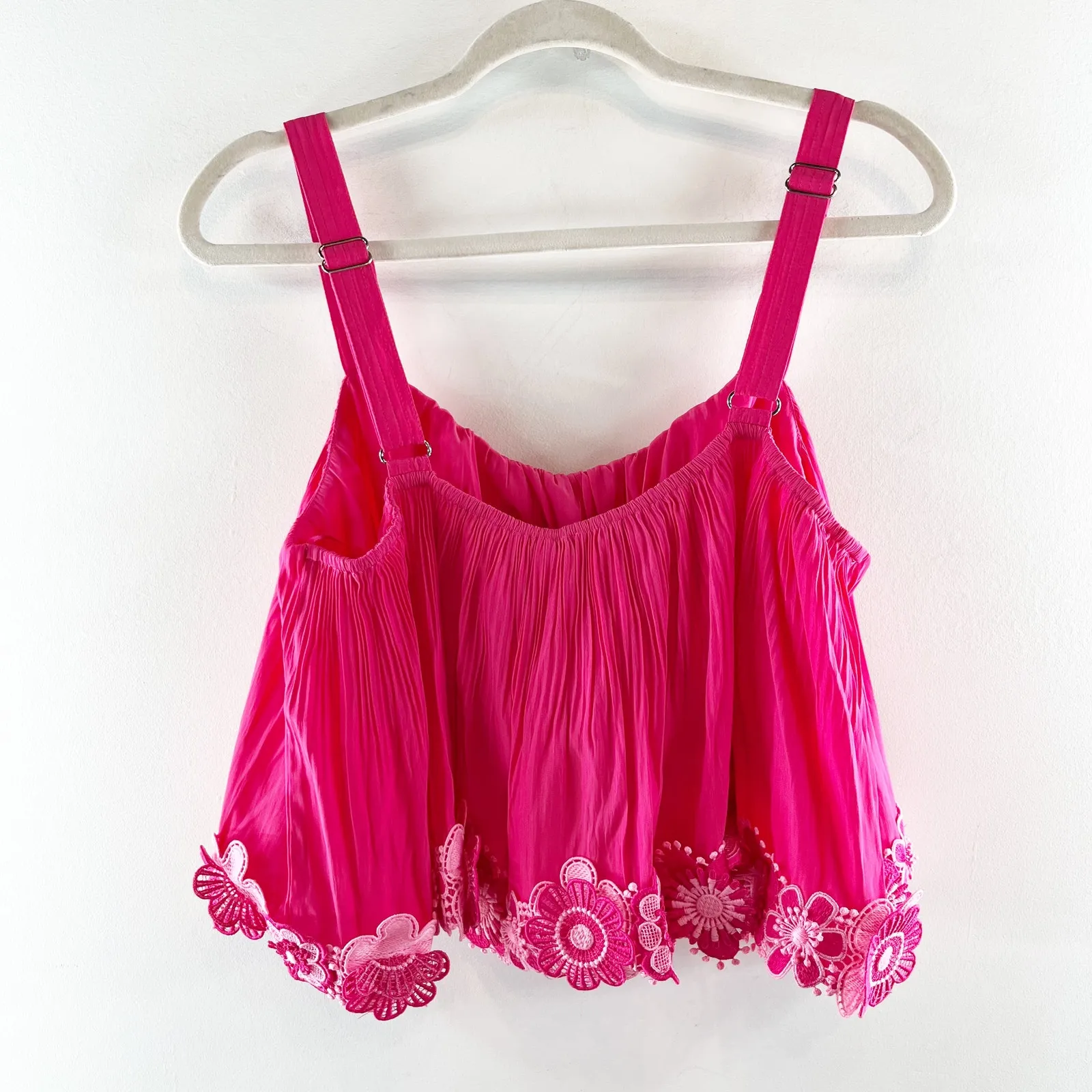 Ramy Brook Elizabeth Floral Lace Trim Applique Crop Swing Tank Top Pink Punch XL - Image 4