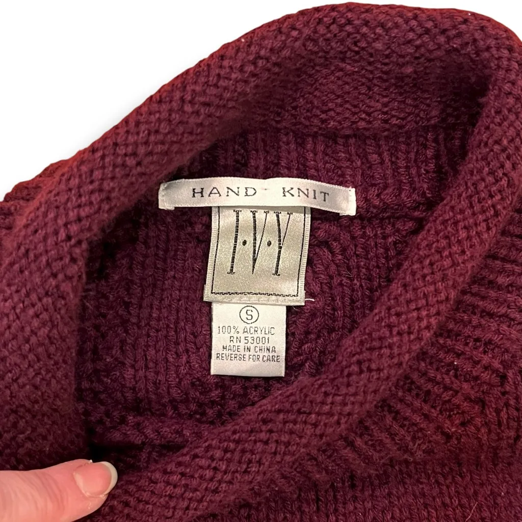 VTG IVY Hand Knit Tunic Sweater Long Sleeve Cable Knit Embroidery Loose Fit S Red - Image 3