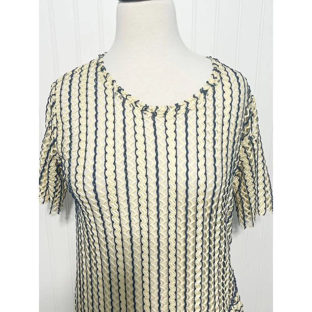 Zara W/B Dress Mesh Sheer Open Knit Unlined Ruffle Short Sleeve Cream Blue Small - Image 3