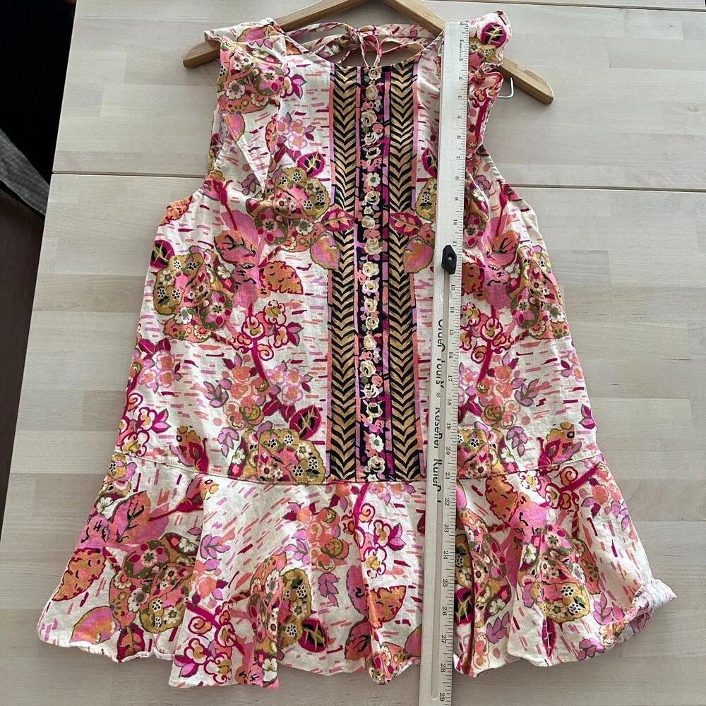 Free People Tunic Small Tulum Floral Boho Linen Blend Flowy Flounce Top Festival - Image 12