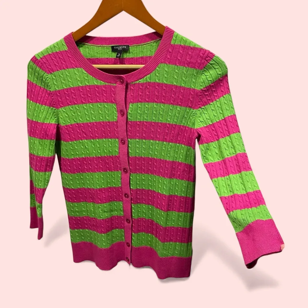 Cute avocado posh striped shaker knit cardigan button front Talbots - Image 2