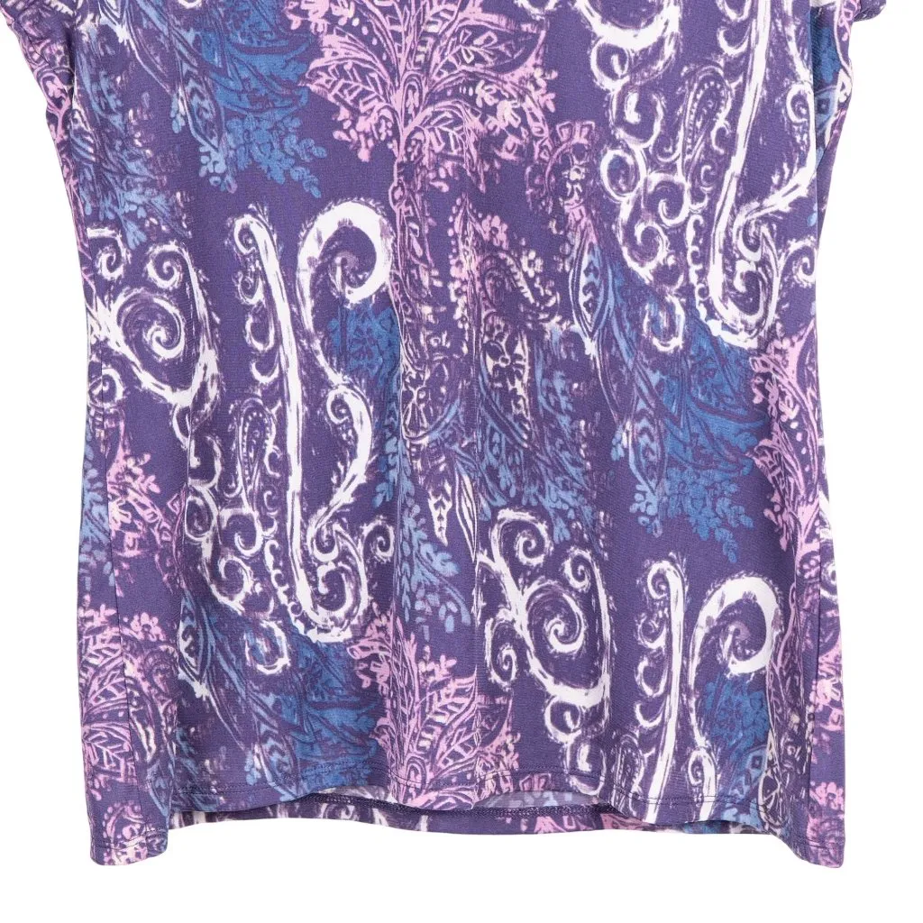 Villager Paisley Shirt Womens L NEW VNeck Purple Short Sleeve Mesh Layer Ruffle - Image 2