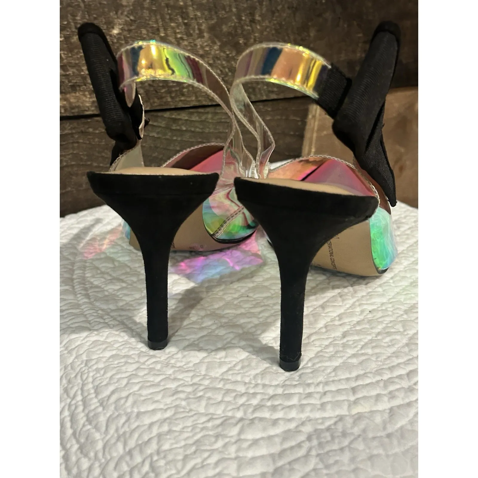 INC Women Coletta Iridescent Vinyl Sling Back Heels Size 8.5 M Side Black Bow - Image 6