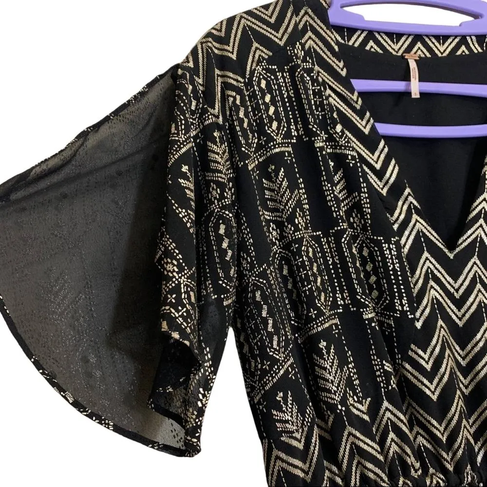 Free People Love My Chaos Flutter Ruffle Flowy Metallic Dress Black Gold Small - Image 5