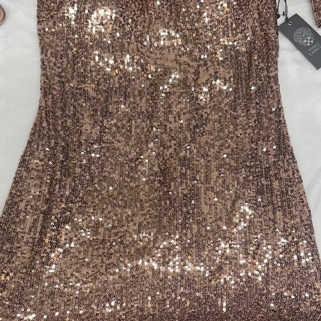 Vince Camuto Sparkling Bronze Long Sleeve Dress Draped off Shoulder Sweetheart - Image 16