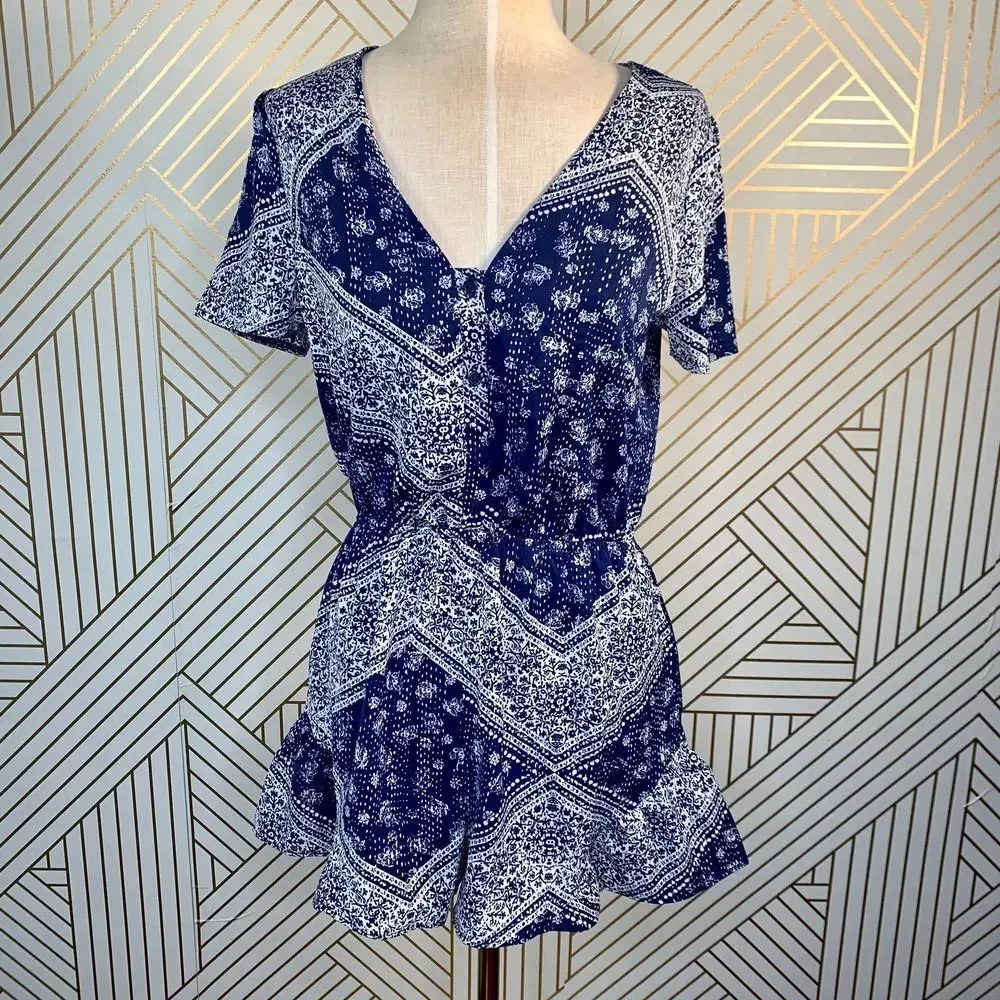 Tularosa Romper‎ V-neck Short Sleeve Blue Bandana Print Ruffle Size Small - Image 2