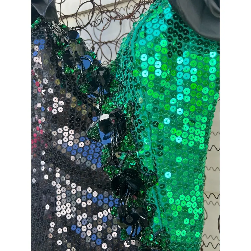 Vintage 80s Alyce Designs Green Black Sequin Ruffle Prom Ball Gown Mardi Gras XS - Image 3