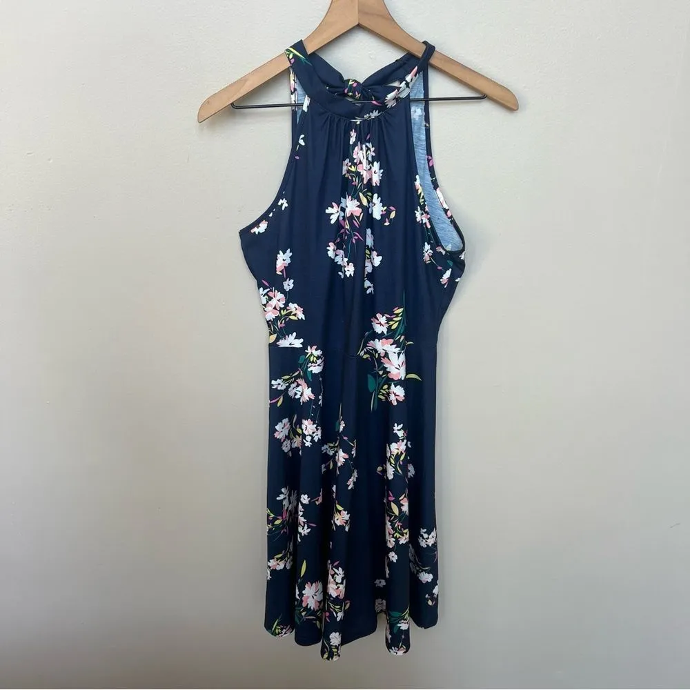 NEW Halter Neck Summer Sleeveless Casual Beach Dress Medium Navy Pink Floral Blue - Image 2