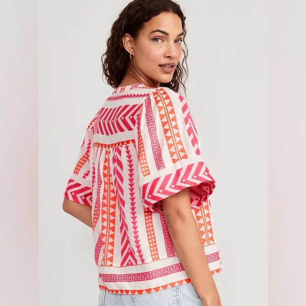 NEW! Old Navy Short Sleeve Jacquard Geometric Print Blouse S Pink Orange Ivory - Image 8