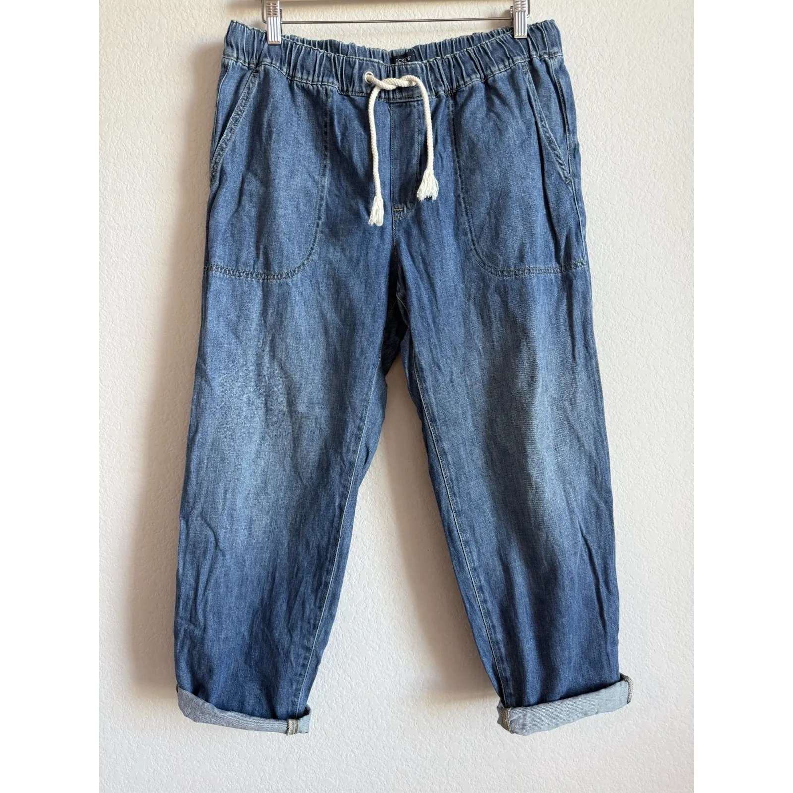 J.Crew  Denim Chambray Pull On Drawstring Straight Leg Pants Womens Sz 31 Relaxed - Image 8