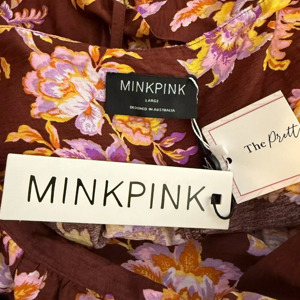 MINKPINK Giselle Belted Floral Mini Dress Women's Large Brown Puff Sleeve NWT - Image 14