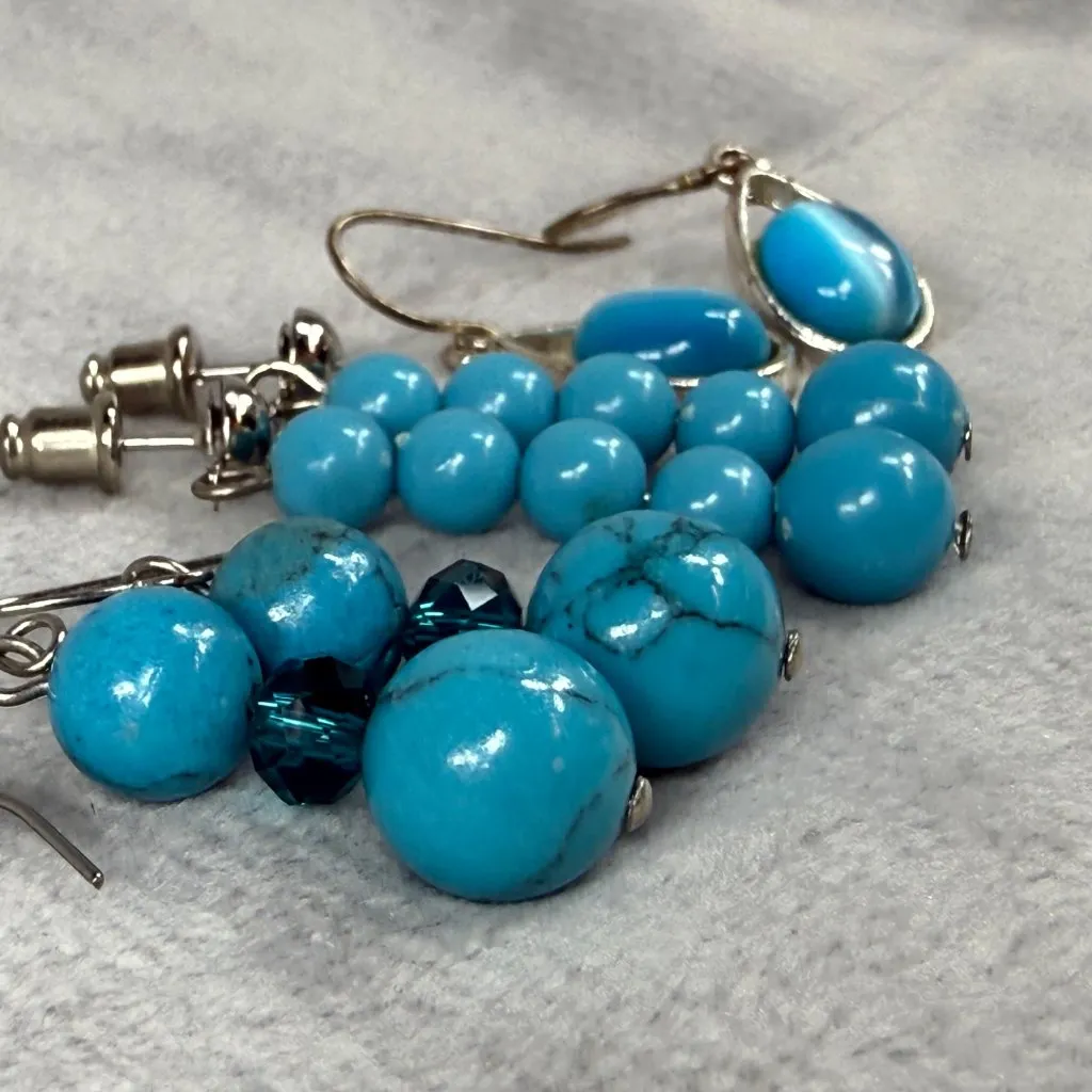 Set Of 3 Pairs Shades of Blue, Beaded & Teardrop Dangle Earrings Mixed Styles Blue - Image 11