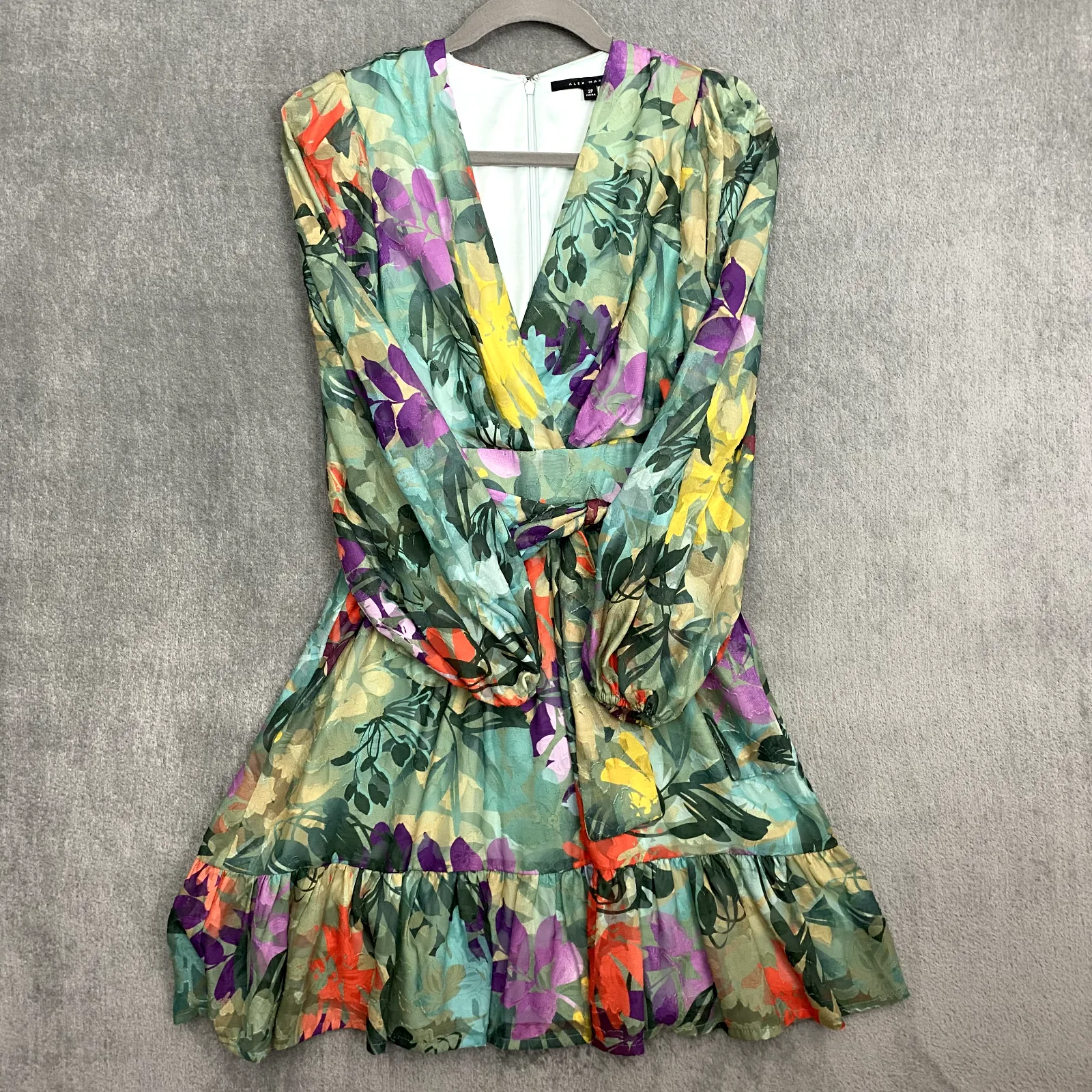 Alex Marie Women Dress 2P Simone Tropical Sage Floral Vibrant Sheer Puff Sleeves - Image 4