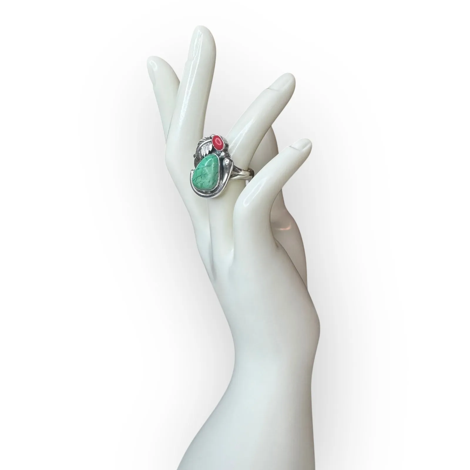 Vintage Navajo Style Sterling Silver Ring Turquoise & Coral Stones Size 6.25 - Image 7