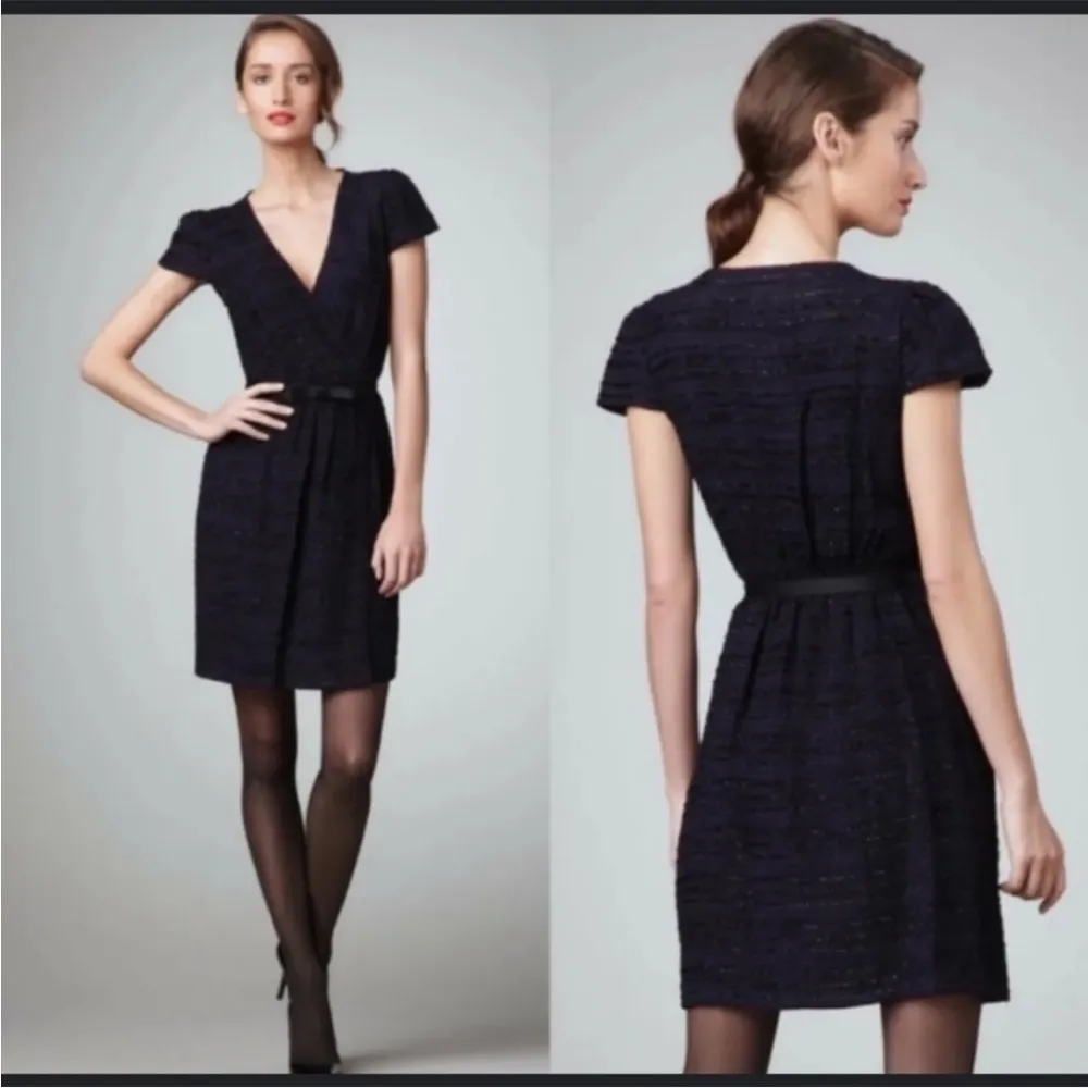 Milly of New York Allison Black/Navy Blue Metallic Jacquard Wrap Dress size 0 Black - Image 4