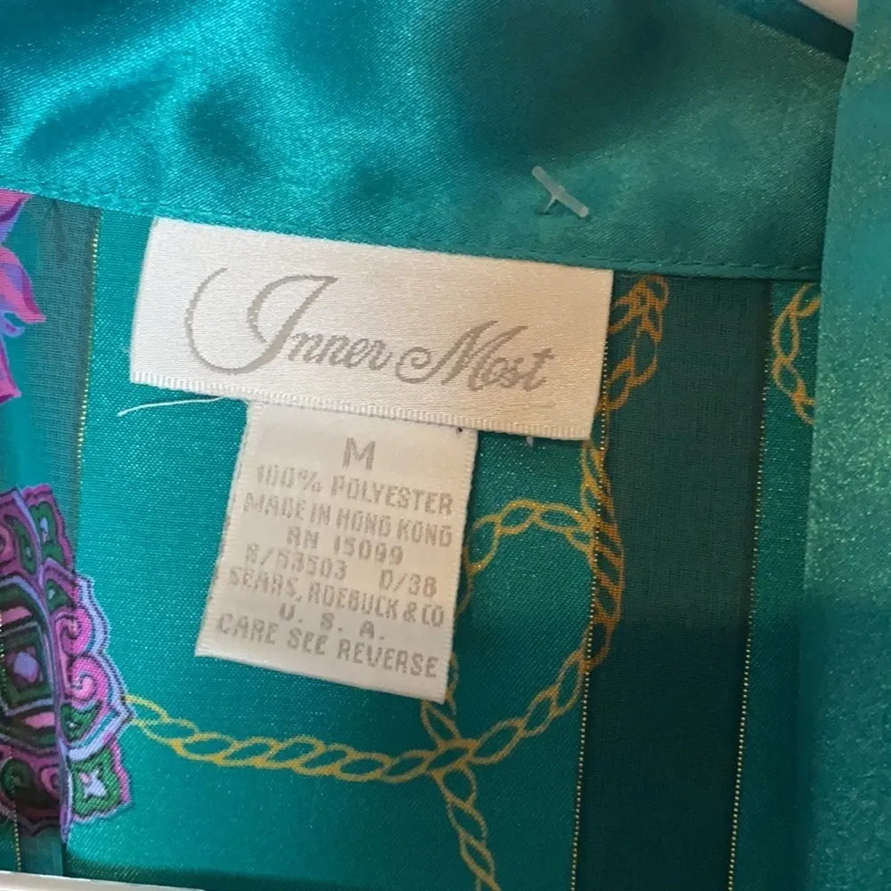 VINTAGE TEAL FLORAL SILKY ROBE Blue Size M - Image 4