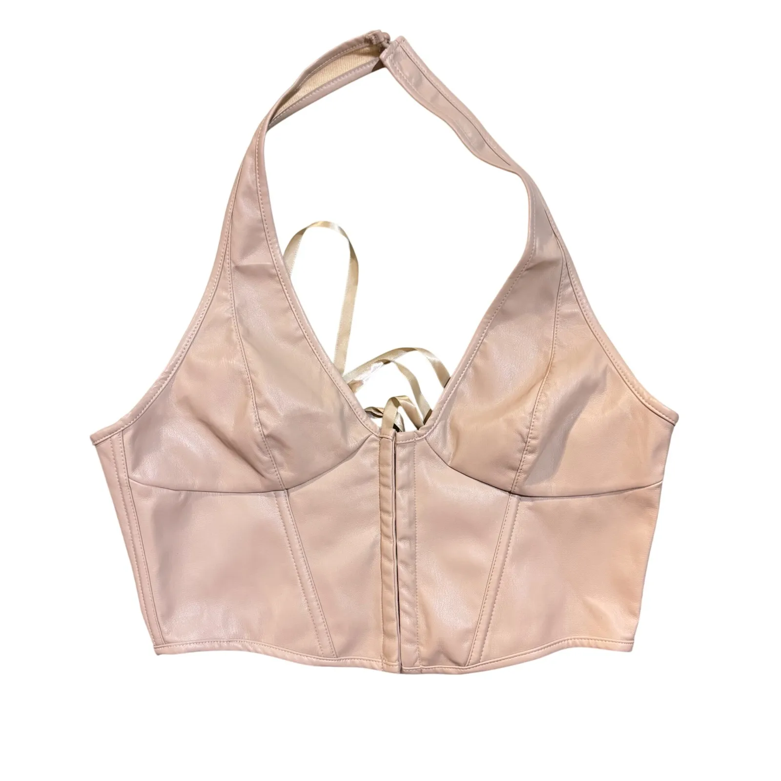 NWT Floerns Y2K PU Leather Halter Hook Eye Backless Crop Top LG Tan - Image 4