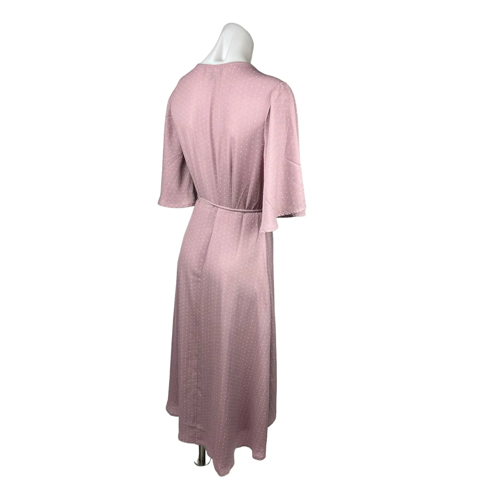 NEW Lulus Farah Pink Mauve V Neck Polka Dot Tie Flutter Sleeve Midi Wrap Dress M - Image 8