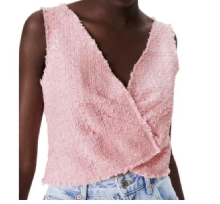 Zara Pink Tweed Top Tank Crop Cropped Fringe S - Image 2