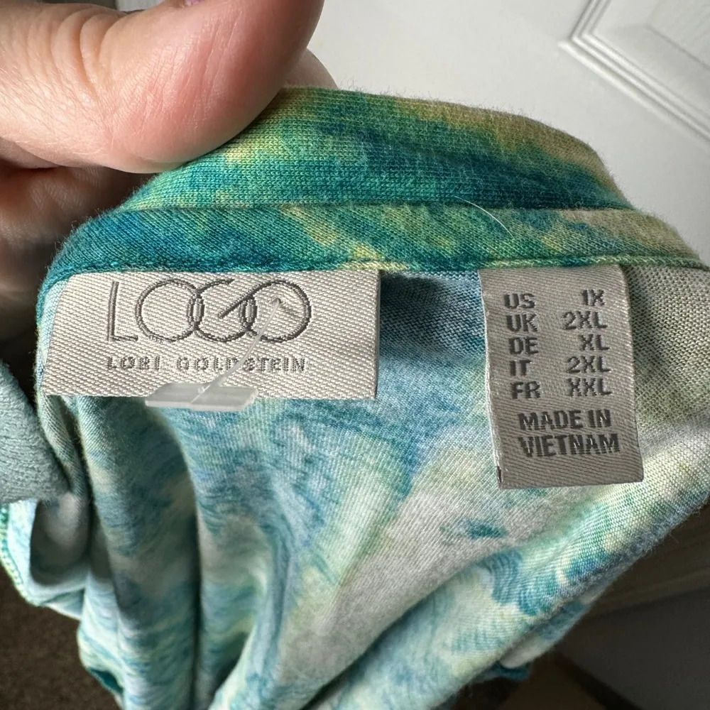 LOGO LORI GOLDSTEIN Blue Green Watercolor Mother Of Pearl Button Up Cardigan 1X - Image 4