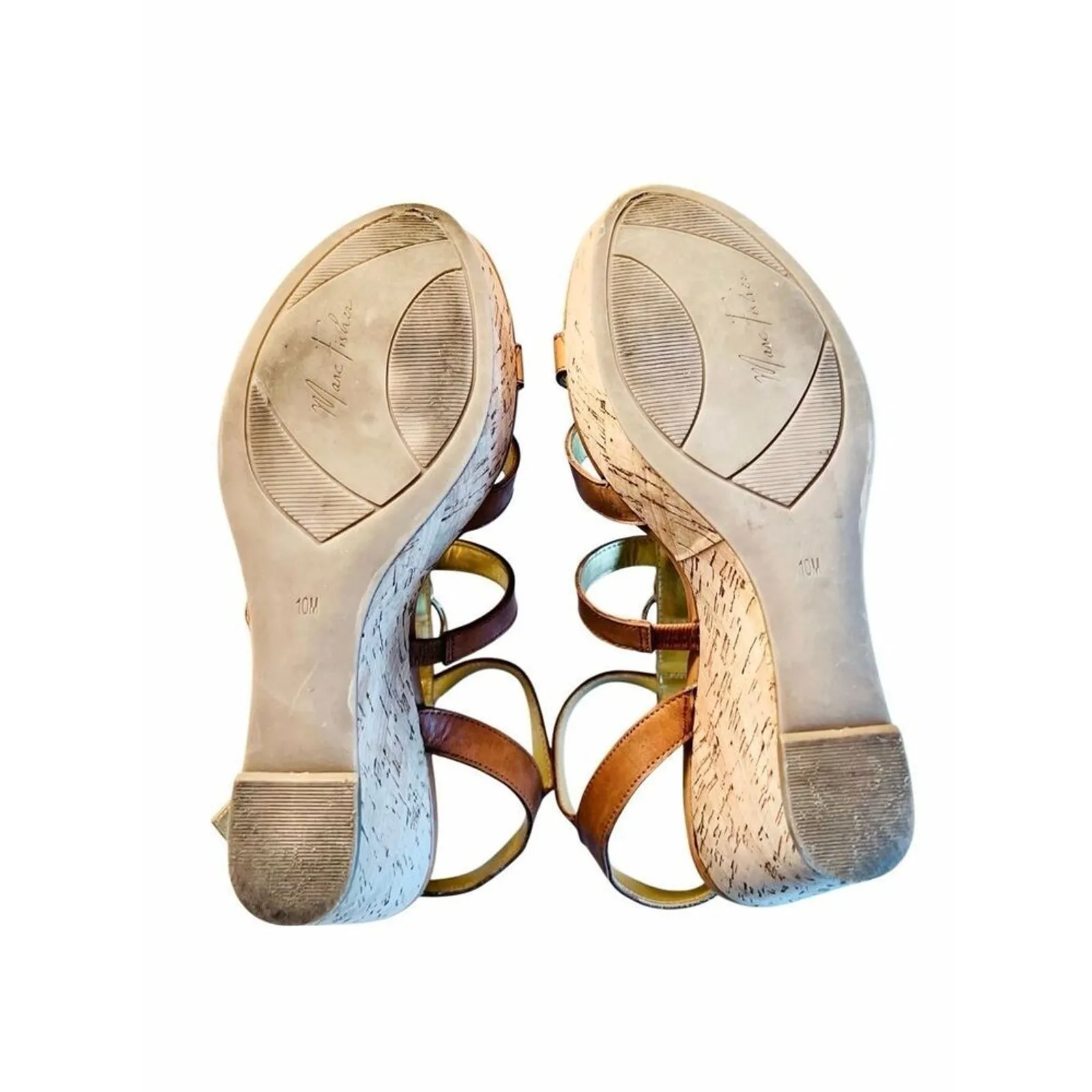 Marc Fisher Genny Brown Leather Strappy Wedge Sandals‎ Gold Metallic Details 10M - Image 5