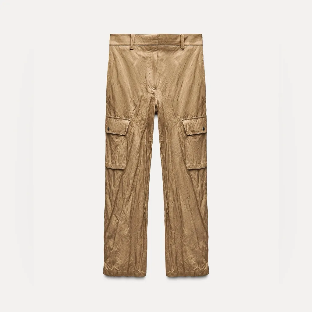 NWOT ZARA Crinkled Camel High-Waist Cargo Pants - M Bloggers Fave Satin Effect - Image 8