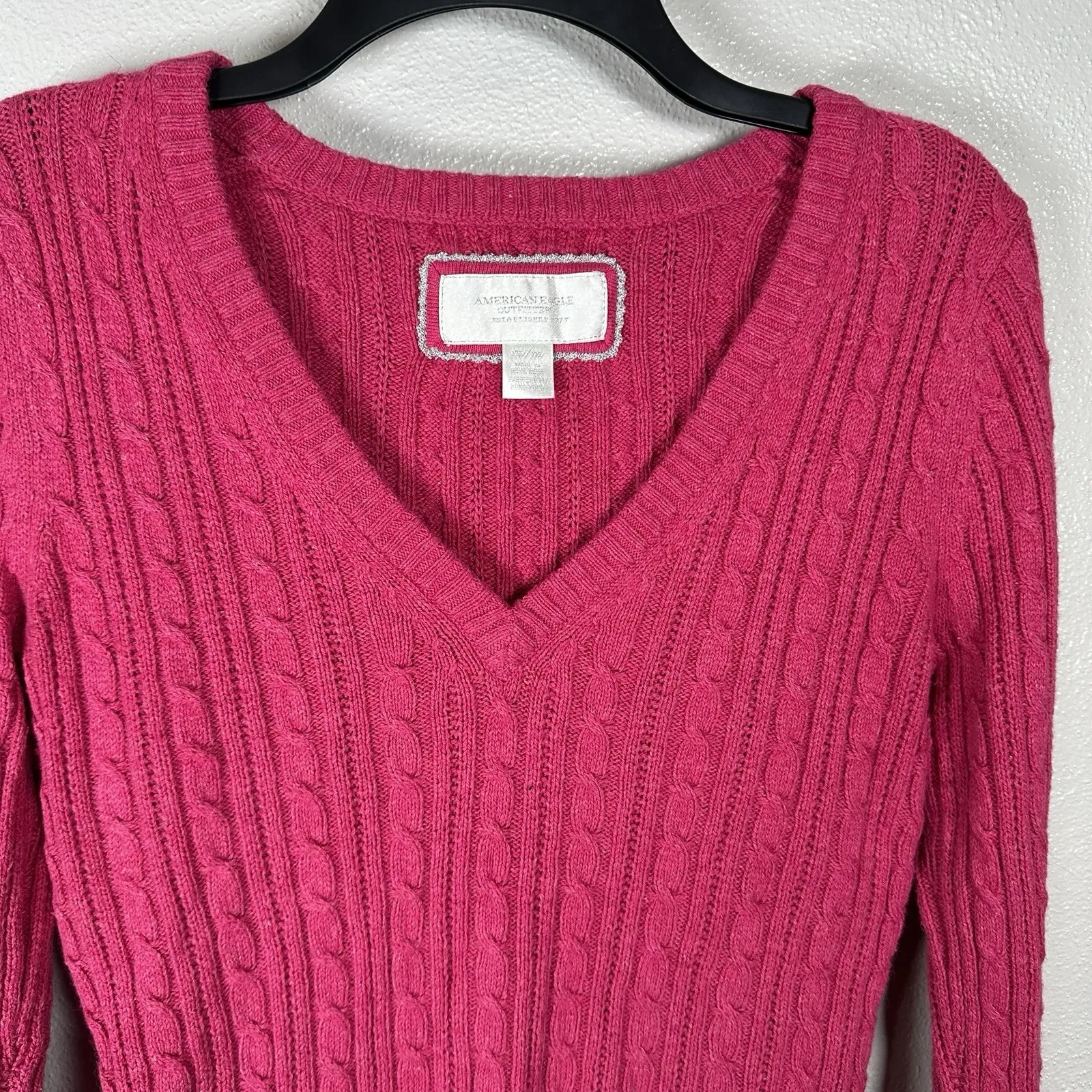 Y2K Cable Knit American Eagle Sweater V-Neck Pink Bella Swan Elena Size Medium - Image 2