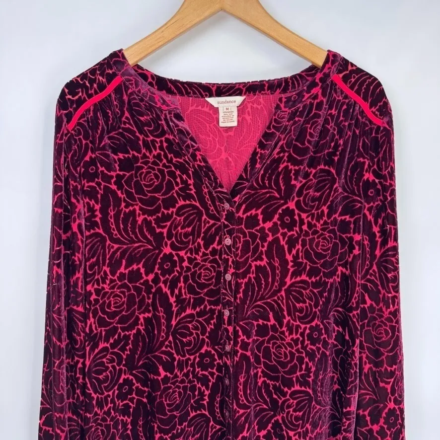Sundance Button Front Top Womens M Red Silk Blend Velvet Vamp Whimsigoth Holiday - Image 2