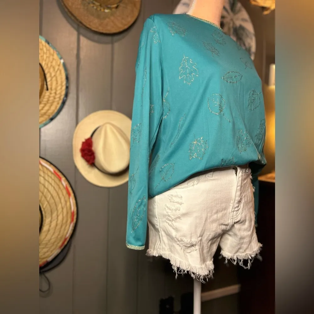 Fall Vintage Blair Teal Longsleeve W/ Gold Leaves Medium - Image 4