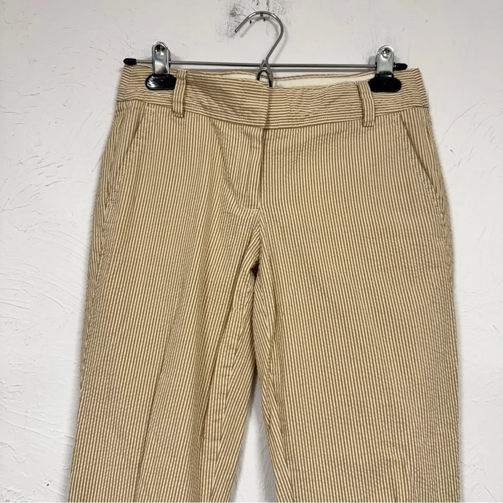 J Crew Tan White Stripe Seersucker Cropped Trouser Pants Womens 0 Beach Nautical - Image 2