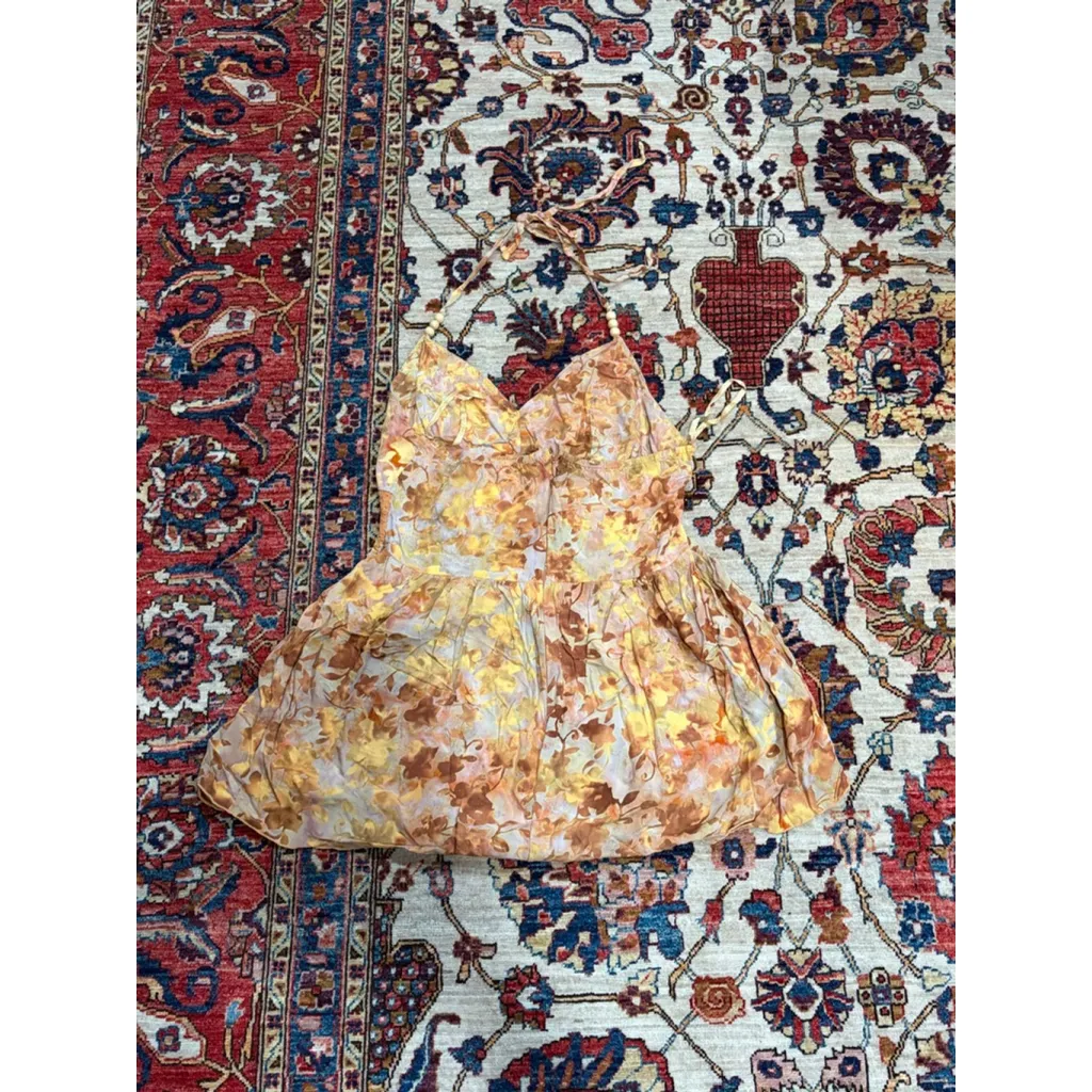 Santiki Floral Rayon Halter Top L – Smocked Waist Boho Y2K Orange Size L - Image 3