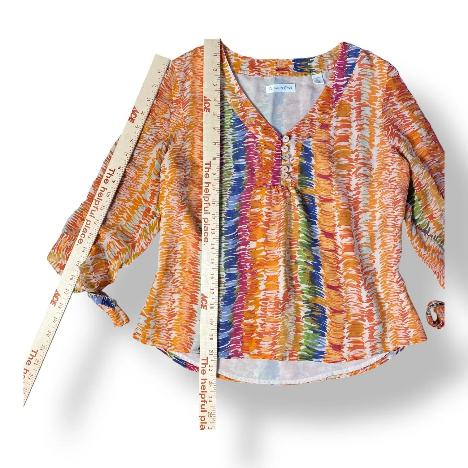 Coldwater Creek Silk Multicolor 3/4 Sleeve Blouse Womens Size PS Boho - Image 4