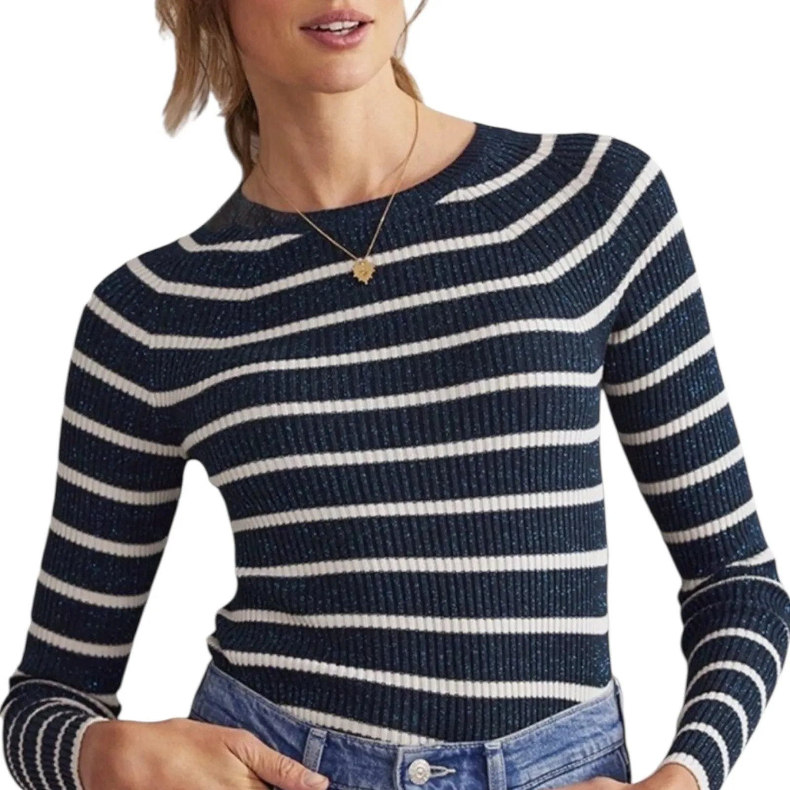 BODEN Effie L Sweater Sparkle Rib Knit Blue Stripe Pullover Long Sleeve Fitted Size L - Image 1