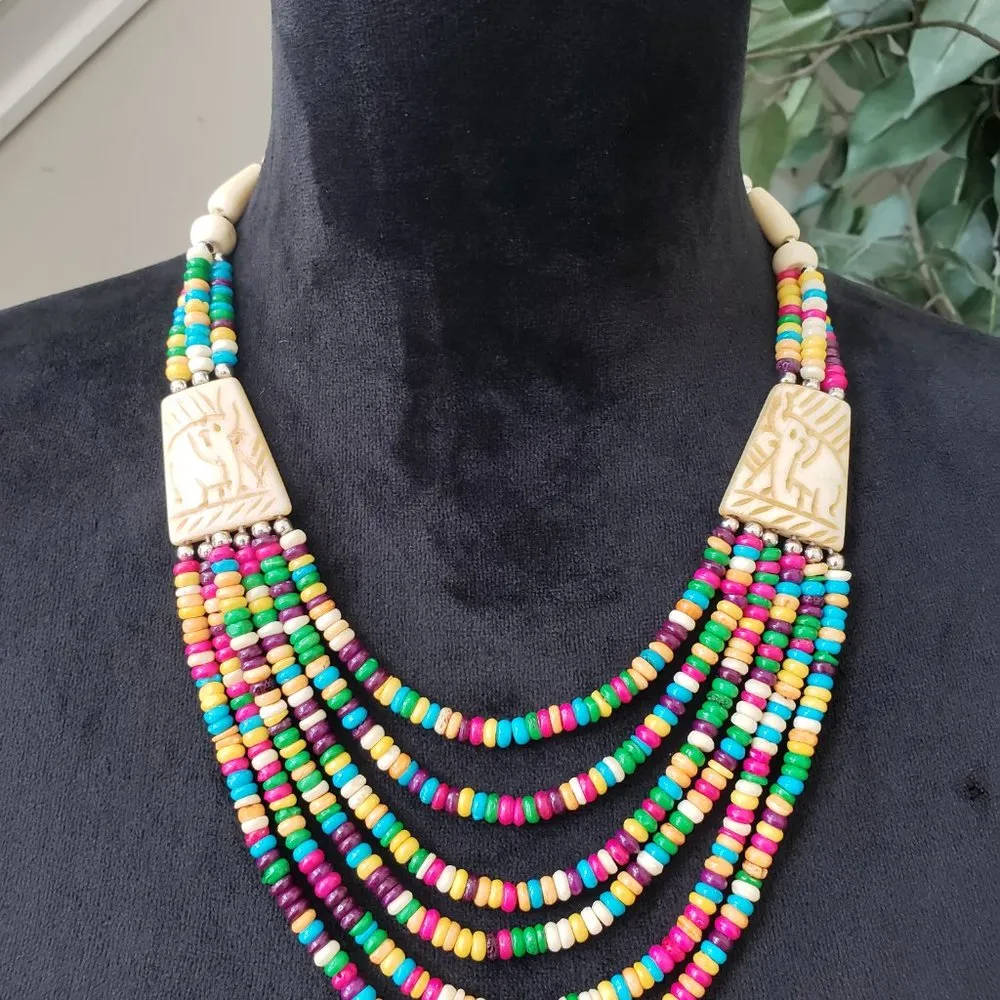 Boho Style Multicolor Beads Medieval Viking Statement Necklace w/ Elephant Pearl - Image 2